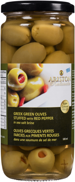 Ariston Olives Grecques Vertes Farcies aux Piments Rouges dans une Saumure de Sel de Mer 500 ml