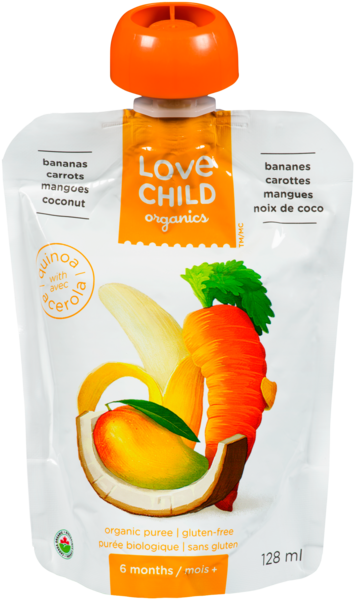 Love Child Organics Purée Biologique Bananes, Carottes, Mangues, Noix de Coco 6 Mois+ 128 ml