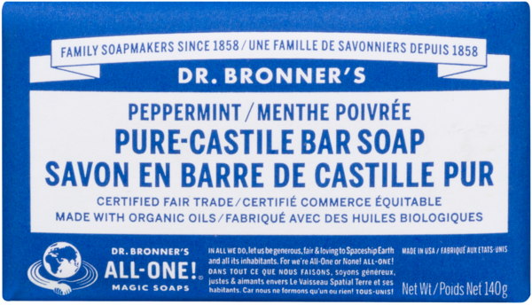 Dr. Bronner's Savon en Barre de Castille Pur Menthe Poivrée 140 g