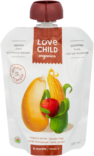 Love Child Organics Purée Biologique Pommes, Maïs, Courge Musquée 6 Mois+ 128 ml