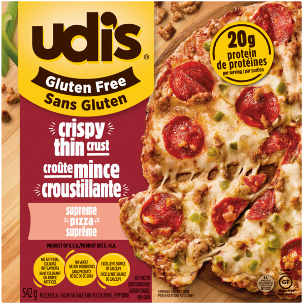Udi's Sans Gluten Pizza Suprême Croûte Mince Croustillante 542 g