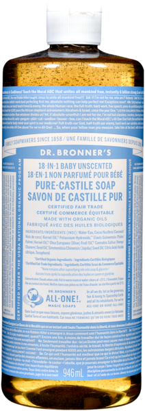 Dr. Bronner's 18-en-1 Non Parfumé pour Bébé Savon de Castille Pur 946 ml