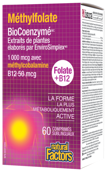 Natural Factors Méthylfolate BioCoenzymé • folate + B12  1 000 mcg/50 mcg  60 comprimés sublinguaux