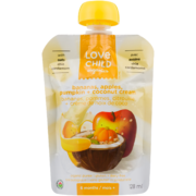 Love Child Organics Purée Biologique Bananes, Pommes, Citrouille + Crème de Noix de Coco 6 Mois + 128 ml