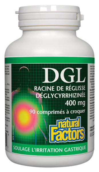 Natural Factors DGL racine de réglisse déglycyrrhiziné  400 mg  90 comprimés à croquer