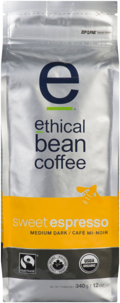 Ethical Bean Coffee Sweet Espresso Café Mi-Noir Café Arabica en Grains Entiers 340 g