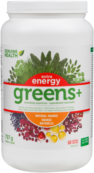 Genuine Health Poudre de superalimentation Greens+ Extra Energy orange