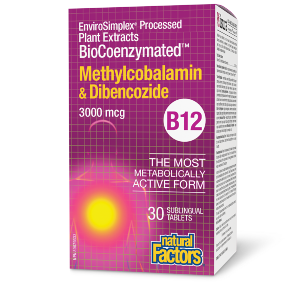 Natural Factors BioCoenzymées Méthylcobalamine et dibencozide • B12  3 000 mcg  30 comprimés sublinguaux