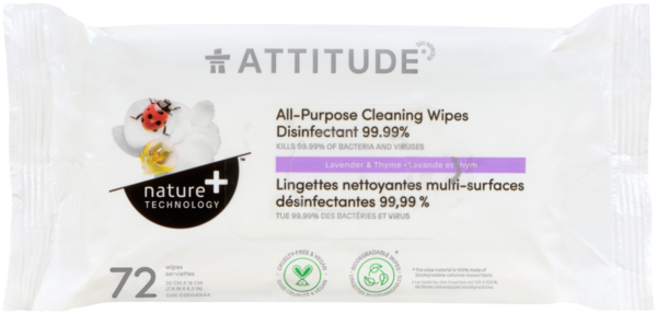 Attitude Nature + Technology Lingettes Nettoyantes Multi-Surfaces Désinfectantes 99,99 % Lavande et Thym 72 Serviettes