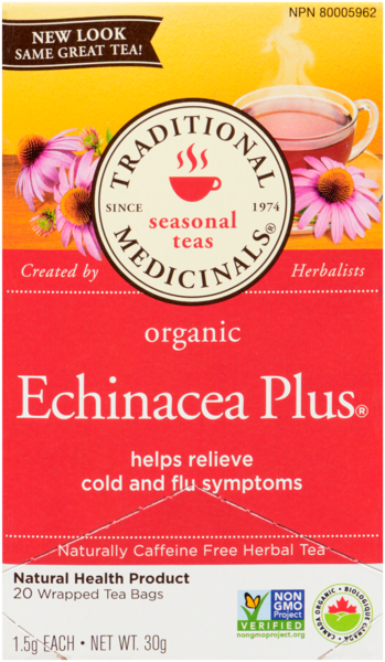 Traditional Medicinals Naturally Caffeine Free Herbal Tea Echinacea Plus Organic 20 Wrapped Tea Bags x 1.5 g (30 g)
