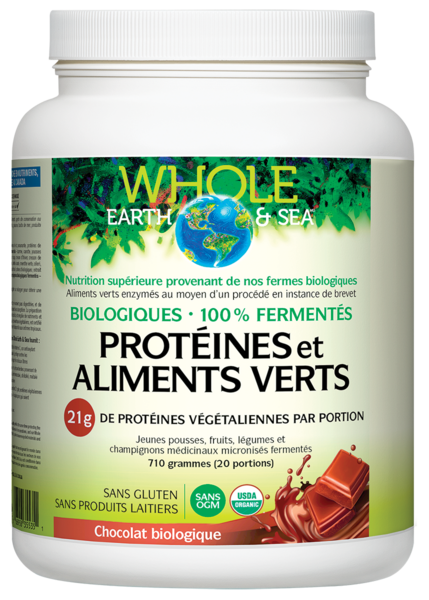 Whole Earth & Sea® Protéines et aliments verts biologiques fermentés   710 g poudre chocolat biologique