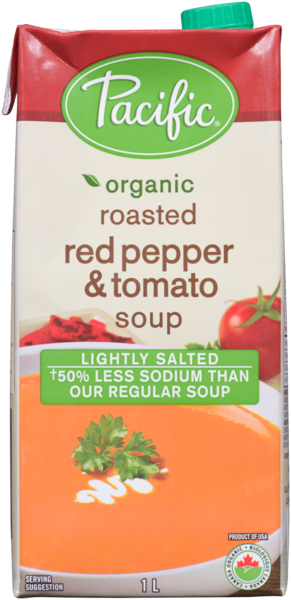 Pacific Foods Soupe aux Poivrons Rouges Rôtis et aux Tomates Légèrement Salé Biologique 1 L
