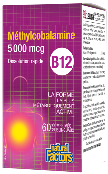 Natural Factors B12 Méthylcobalamine  5 000 mcg  60 comprimés sublinguaux