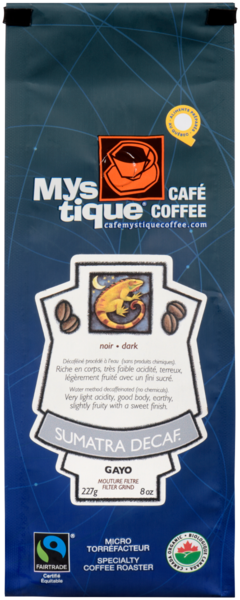 Café Mystique Coffee Dark Sumatra Decaf. Gayo Filter Grind 227 g