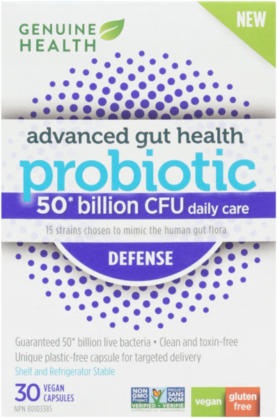Genuine Health Advanced Gut Health probiotique Defense, 50 milliards CFU, 15 diverses souches