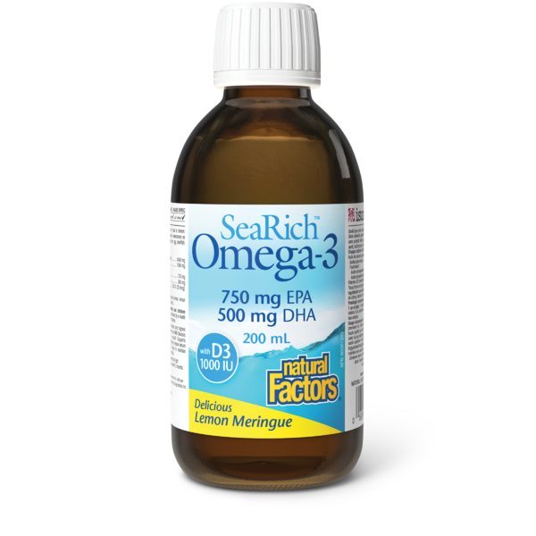 Natural Factors SeaRich Oméga-3 avec D3  750 mg AEP / 500 mg ADH  200 mL liquide meringue au citron