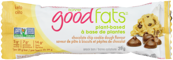 Love Good Fats Barres Collations Saveur de Pâte à Biscuits et Pépites de Chocolat 39 g