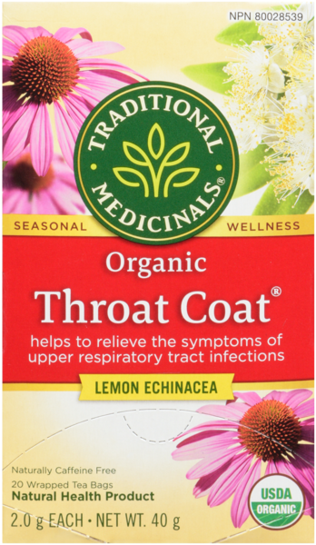 Traditional Medicinals Throat Coat Lemon Echinacea Organic 20 Wrapped Tea Bags x 2.0 g (40 g)