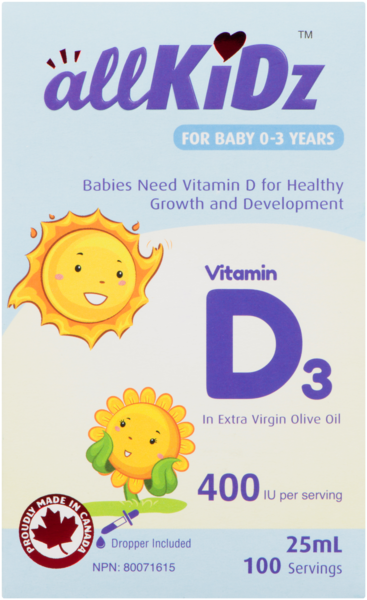 allKiDz Vitamine D₃ dans de l'Huile d'Olive Extra Vierge pour Bébé 0-3 Ans 25 ml