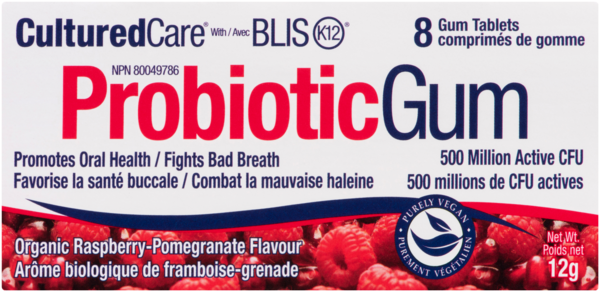 CulturedCare ProbioticGum avec Blis K12 Arôme Biologique de Framboise-Grenade 8 Comprimés de Gomme 12 g