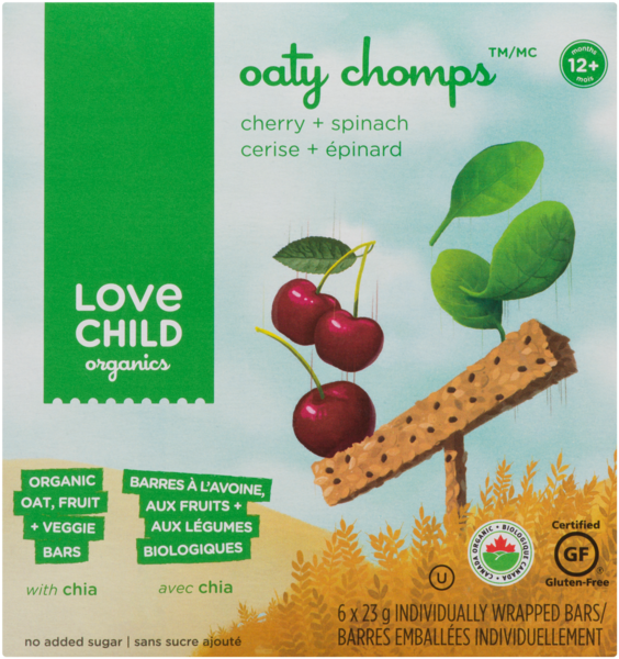 Love Child Organics Oaty Chomps Barres à l'Avoine, aux Fruits + aux Légumes Biologiques Cerise + Épinard 12+ Mois 6 Barres Embal