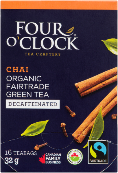 Four O'Clock Chai Organic Fairtrade Green Tea Decaffeinated 16 Teabags 32 g