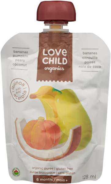 Love Child Organics Purée Biologique Bananes, Citrouille, Poires, Noix de Coco 6 Mois+ 128 ml