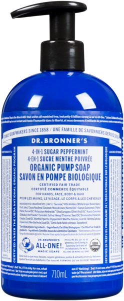Dr. Bronner's 4-en-1 Sucre Menthe Poivrée Savon en Pompe Biologique 710 ml
