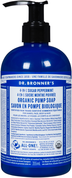 Dr. Bronner's  Savon en Pompe Biologique 4-en-1 Sucre Menthe Poivrée 355 ml