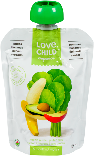 Love Child Organics Purée Biologique Pommes, Bananes, Épinards, Avocat 6 Mois+ 128 ml