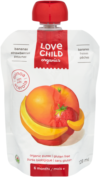 Love Child Organics Purée Biologique Bananes Fraises Pêches 6 Mois + 128 ml